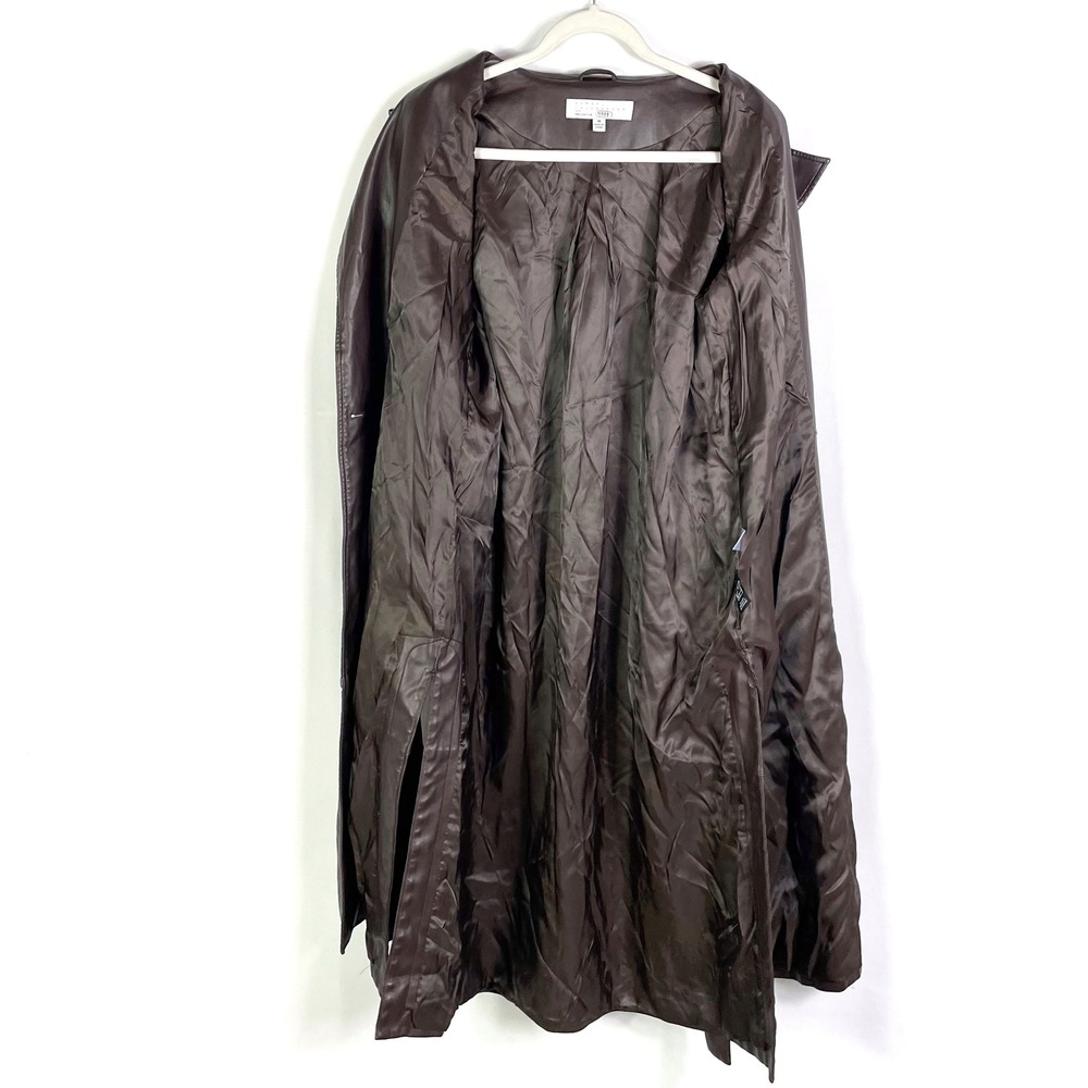 Osman Yousefzada Faux Leather Trench Coat Long Belted Brown‎ Vegan Sz 10 - Picture 14 of 16